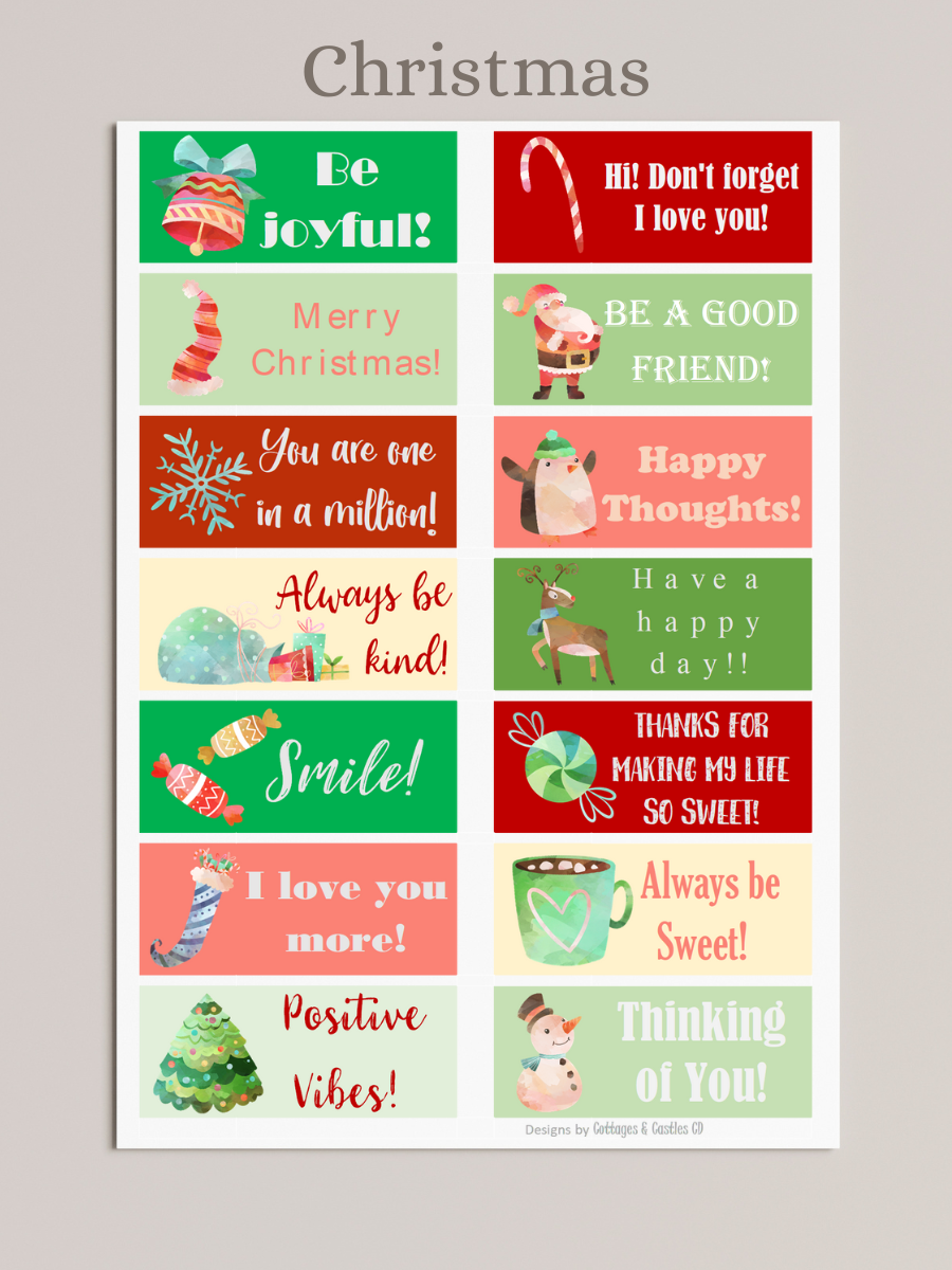 Christmas lunch notes, graphics of bells, candy canes, Santa, Santa hat, Santa toy bag, deer, penguin, candy, hot chocolate, christmas tree, snowman, stocking, snowflake, Christmas theme encouraging messages