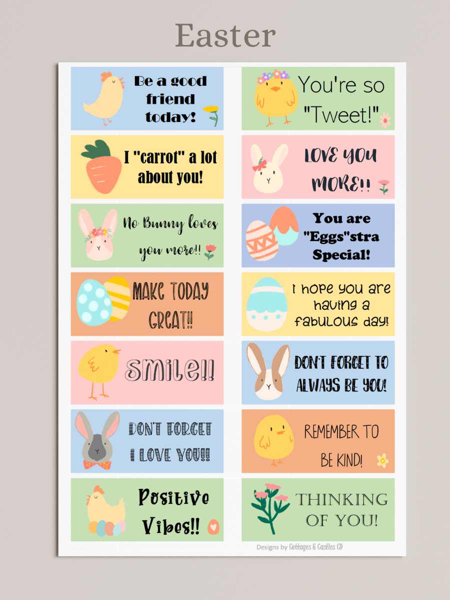 Easter lunch notes, graphics of chicks, carrots, bunnies, easter eggs, flowers, easter theme encouraging messages 