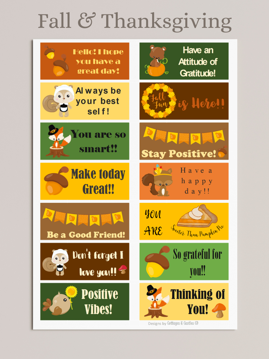 Fall and Thanksgiving lunch notes, graphics of acorns, squirrels, bears, foxes, pie, pilgrim hats, fall and thanksgiving theme encouraging messages