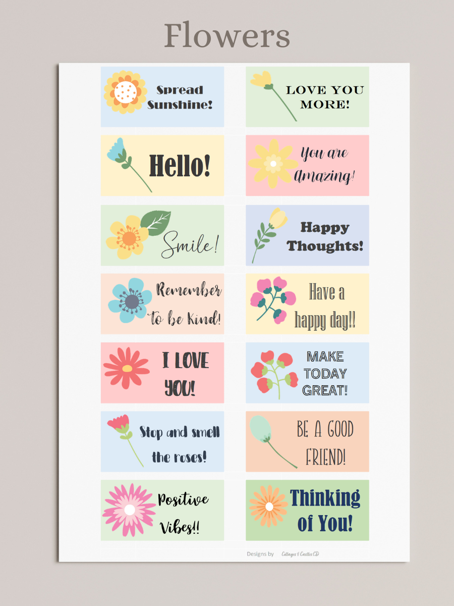 Flower Lunch Notes, pastel colors, graphics of all colors of flowers and leaves, flower themed encouraging messages