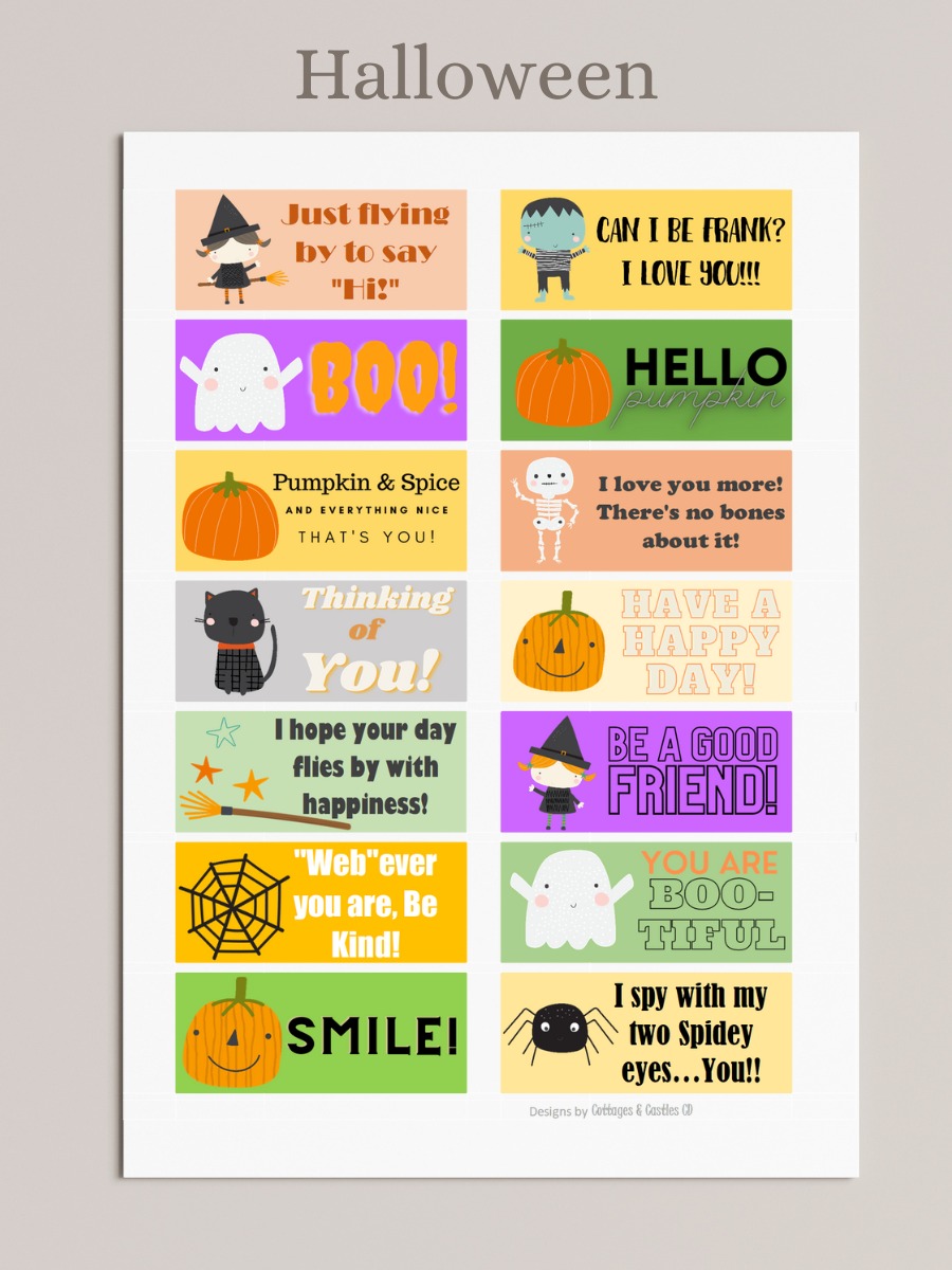 Halloween lunch notes, graphics of witches, black cat, frankenstein, pumpkins, jack-o-lanterns, spider web, spiders, ghosts, skeleton, broom, halloween theme encouraging messages