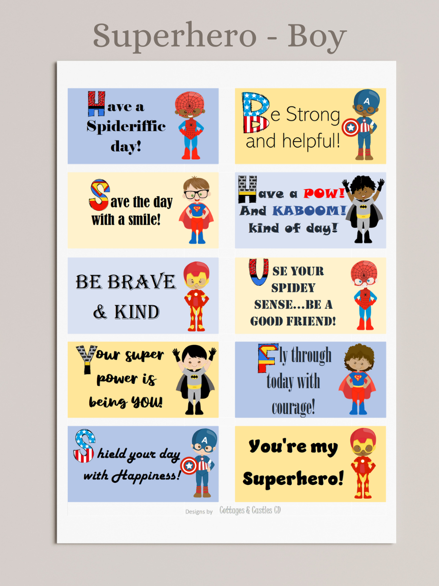 Superhero Boy Lunch Notes - graphics of Spiderman, Captain America, Superman, Batman, Iron Man, encouraging messages