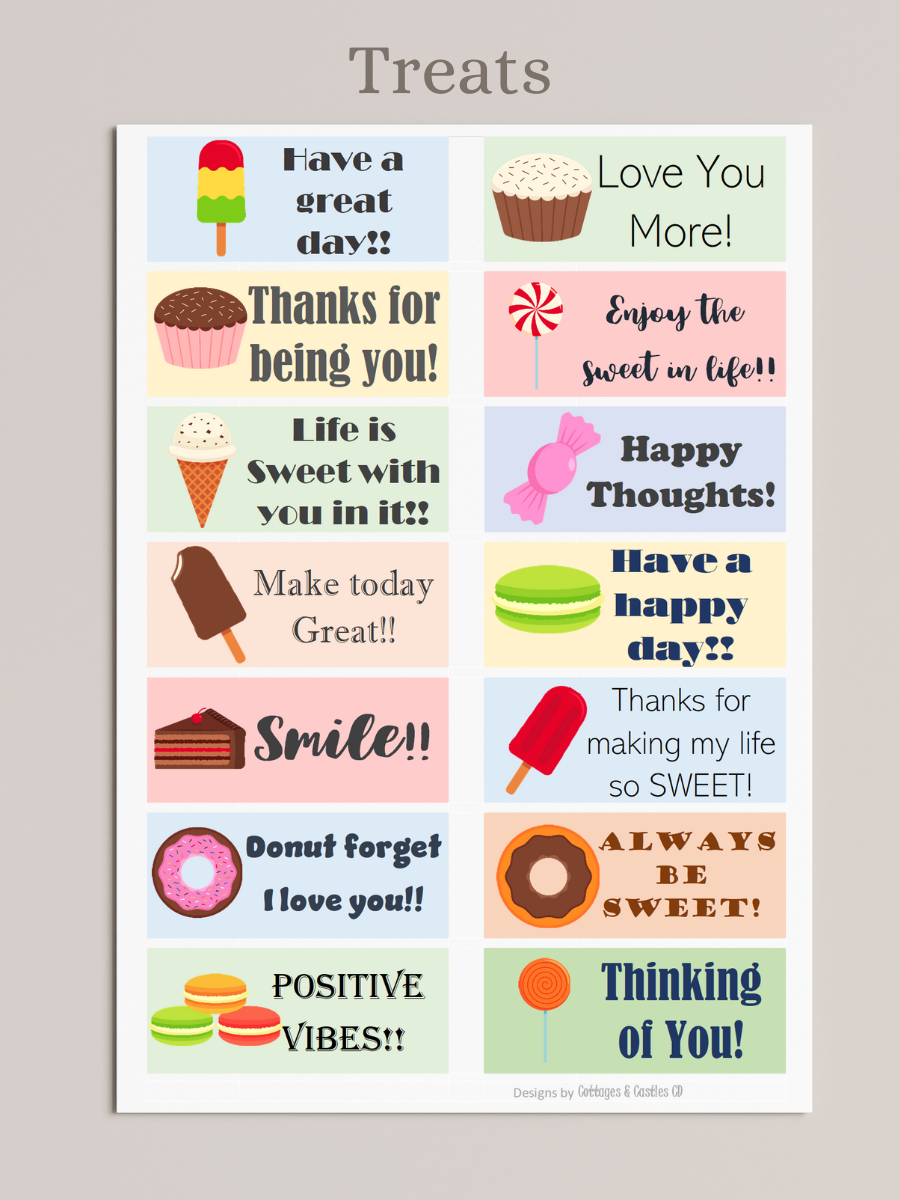 Treats Lunch Notes, pastel colors, popsicles, cupcakes, lollipops, ice cream cone, donuts, macaroons, candy, candy theme encouraging messages