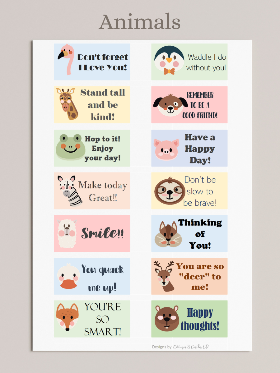 Animals lunch notes, graphics in pastel colors, flamingo, penguin, giraffe, dog, frog, pig, zebra, sloth, llama, rabbit, duck, deer, fox, beaver, animal themed encouraging messages