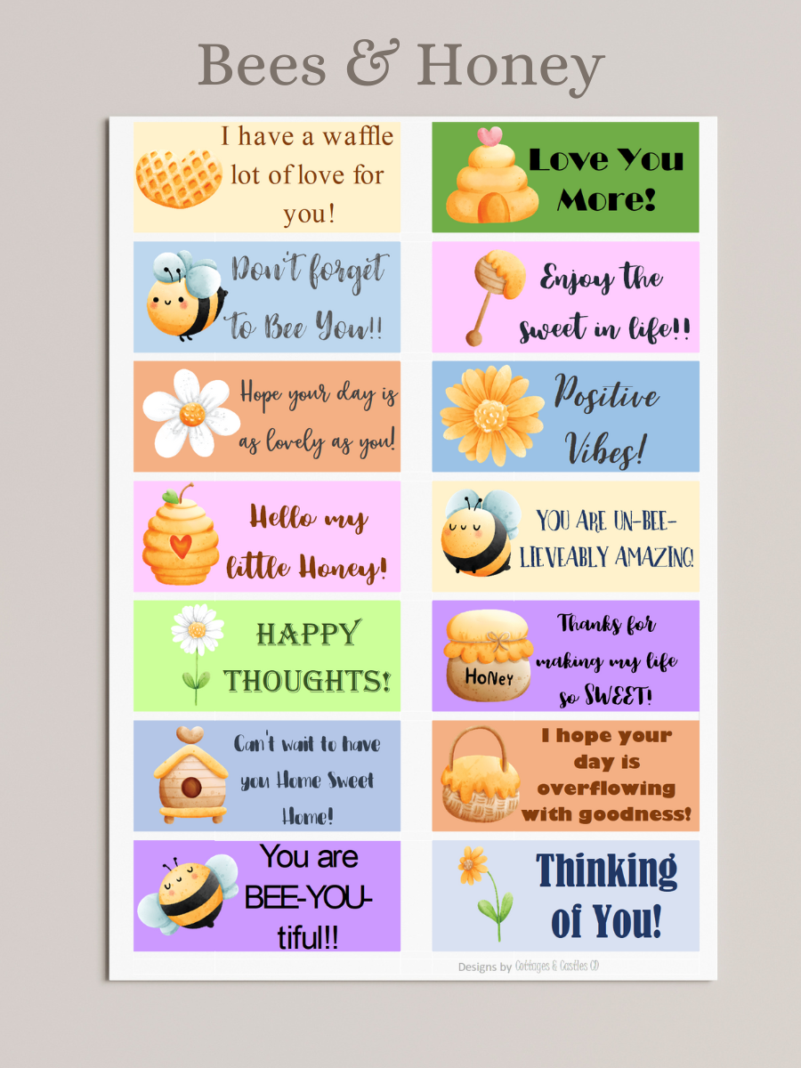 Bees and honey lunch notes, graphics of a heart waffle, beehive, bees, flowers, honey pot, birdhouse, basket of honey, bee and honey themed encouraging messages 