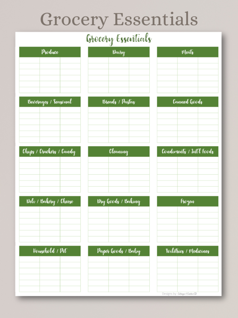 Free Printable - Grocery and Meal Planning Pages - Grocery Essentials LIst Green with lines - Download and Print PDF