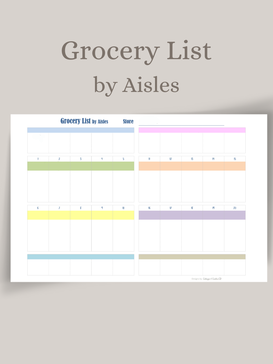 Grocery LIst by aisles, colorful text, a place to write which store you are shopping at, grid with 20 sections to write in groceries on that aisle, then sections after each aisle category to write groceries needed in that aisle