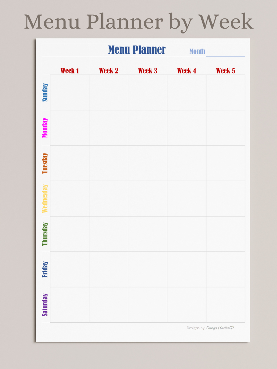 Menu Planner grid, with a place to write the month, Week 1 through 5 at the top of the grid and along the side the days of the week, Sunday through Saturday