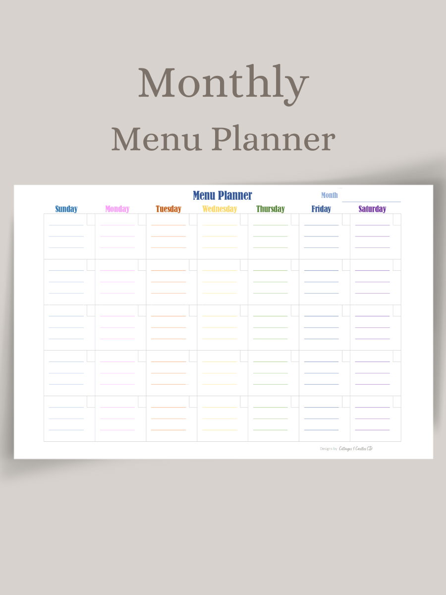 Monthly Menu Planner, colorful text, a monthly calendar, Sunday through Saturday, fill in the month, days, lines provided in each day of the calendar grid to write in meals for each day