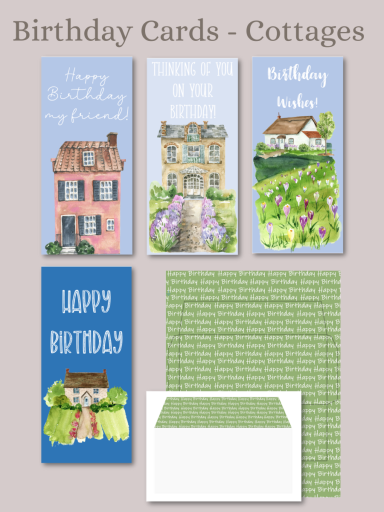 Free PDF Cottage Birthday Cards with envelope template, download and print