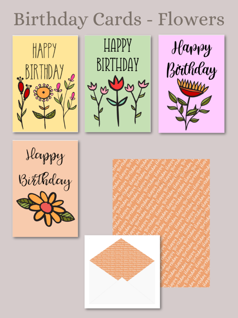 Free PDF Printable, Four flower birthday cards with envelope template, download and print