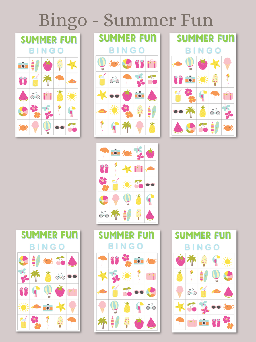 Summer fun bingo with bright summer graphics, beach ball, watermelon, ice cream, sunglasses, starfish, umbrella, pineapple, and more cute summer graphics, includes 6 cards, and calling cards