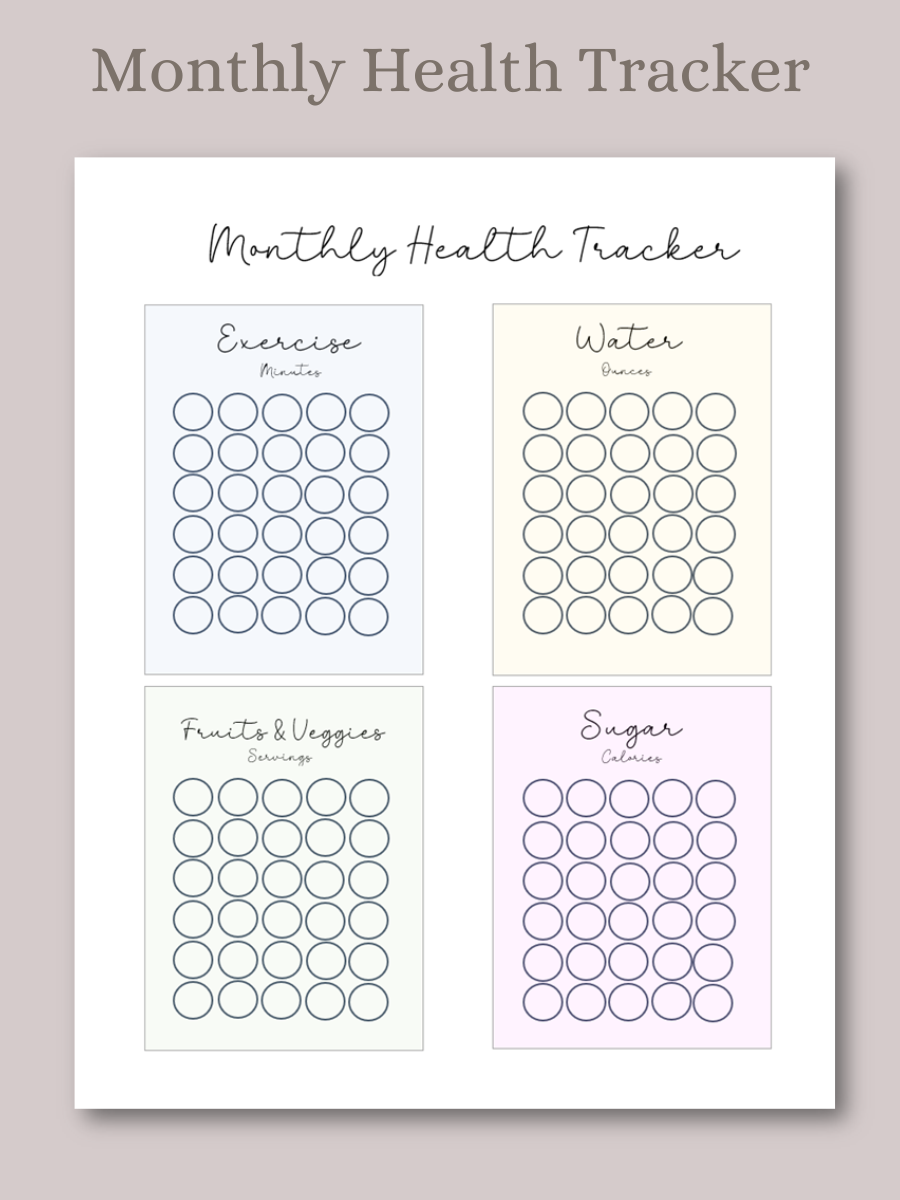 Monthly Health Tracker - track 30 days of exercise, water, fruits & veggies, and sugar intake, there are 30 bubbles for each category 